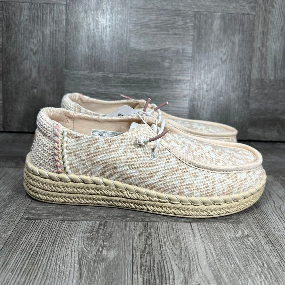 Hey Dude Wendy Espadrille Women 6 Pink White Palm Print Boho Slip On NEW